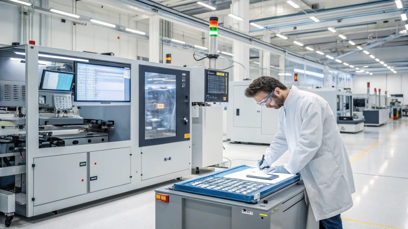 Engineer inspecting a prototype in a modern manufacturing facility.