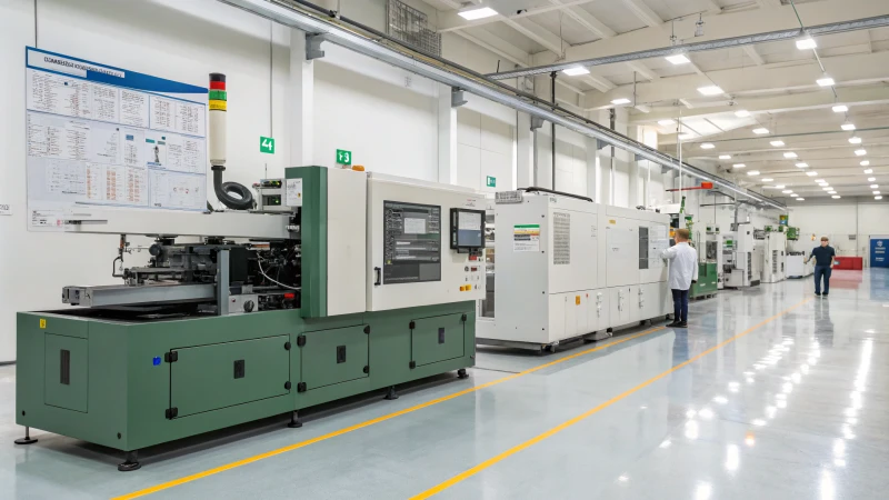 A clean and organized factory floor with injection molding machines