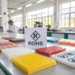 テーブルにポリマーサンプルを備えた最新の製造施設。