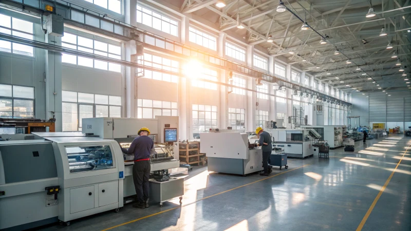 Interior of a modern manufacturing plant with advanced machinery and natural light