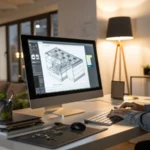 A designer working in a modern office with CAD software on the screen