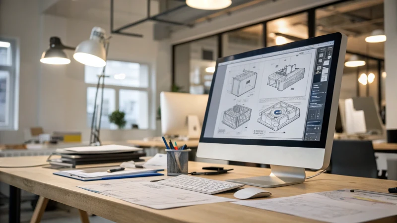 A contemporary office workspace featuring a computer with CAD software and a 3D printer.