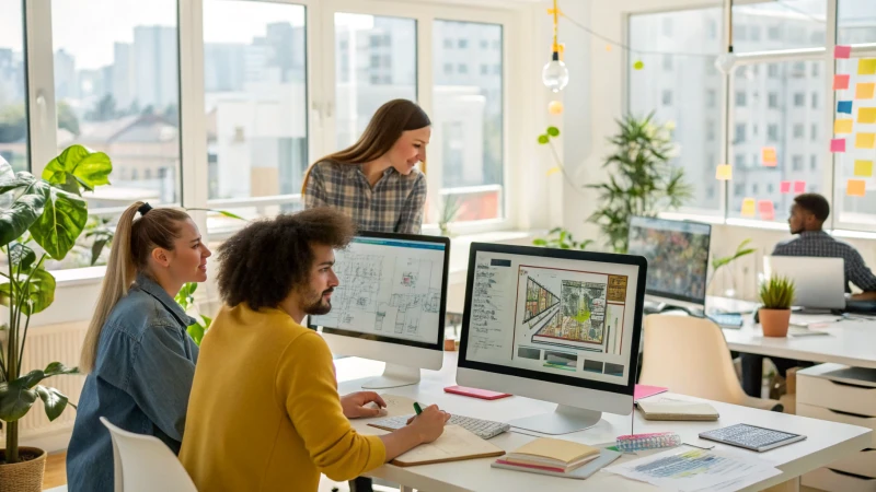 A modern office with designers discussing CAD designs on screens.