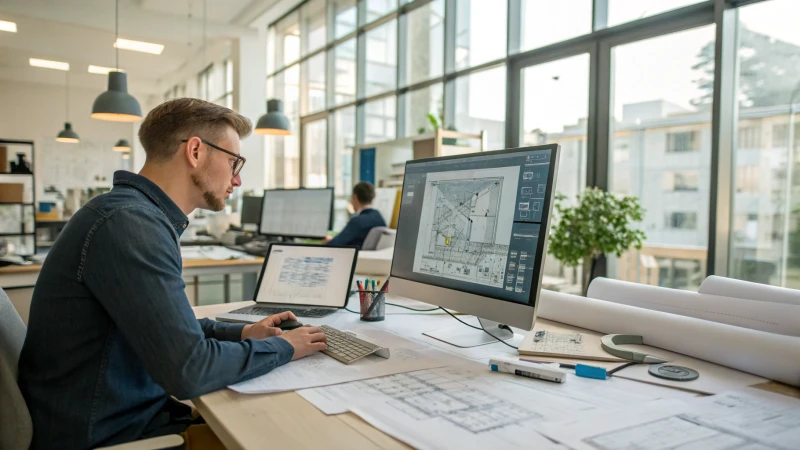 A professional designer working intently on a computer in a modern office