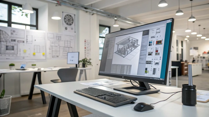 A modern office workspace with a high-resolution computer screen displaying CAD software for mold design.