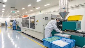 Modern plastic molding machine in operation
