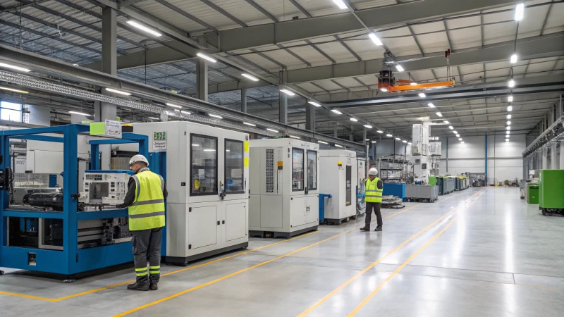 A modern recycling facility with advanced machinery and workers in safety gear