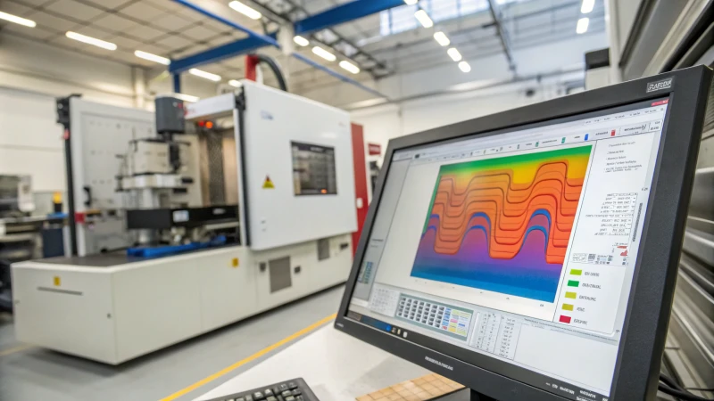 Computer screen displaying Mold Flow Analysis simulation