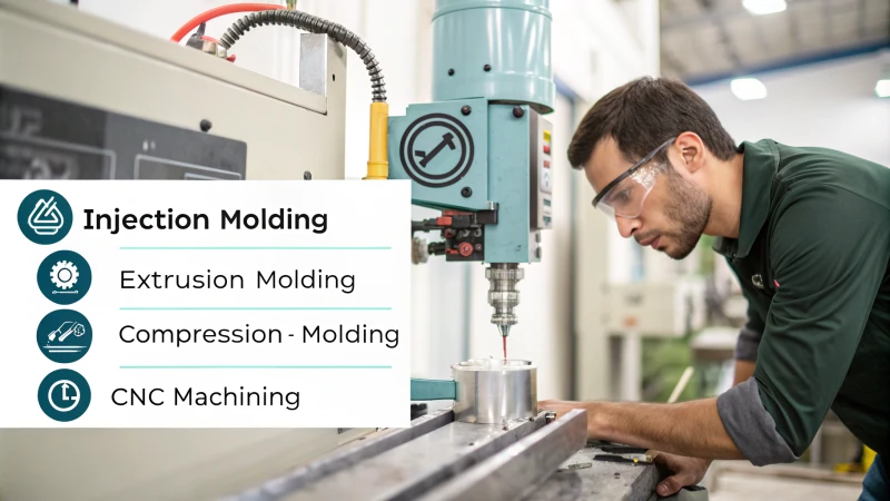 Infographic comparing injection molding, extrusion molding, compression molding, and CNC machining.