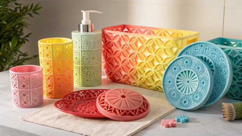 A collection of vibrant multi-color injection molded products on a neutral background.
