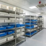 Storage room for injection molds with organized shelves and labeled molds