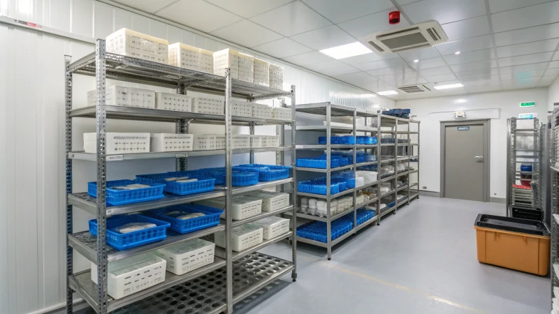 Storage room for injection molds with organized shelves and labeled molds