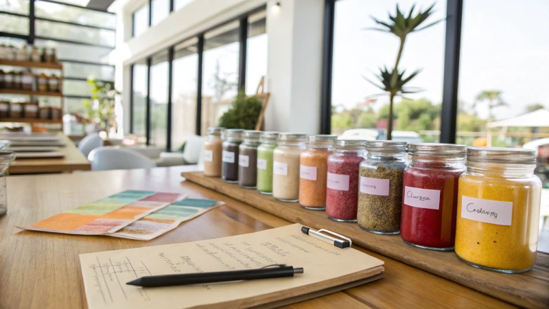 Bright workspace with jars of colorful additives and a notepad