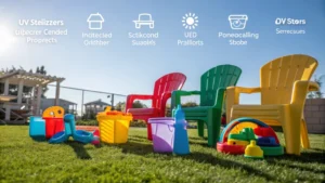 Colorful plastic garden chairs and toys on grass under sunlight