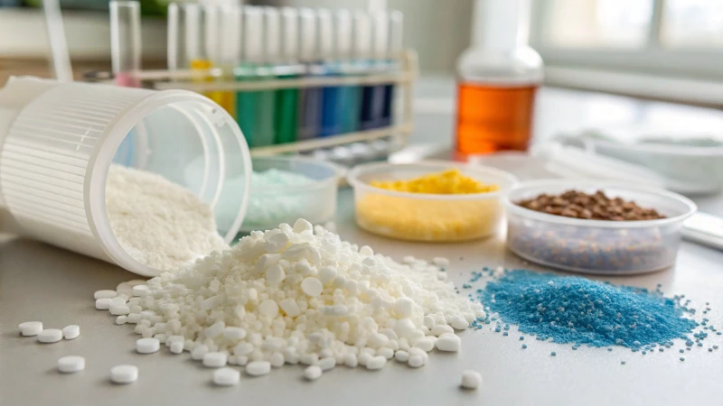 Close-up of plastic additives on a laboratory table