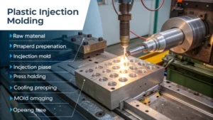 Technical illustration of plastic injection molding process