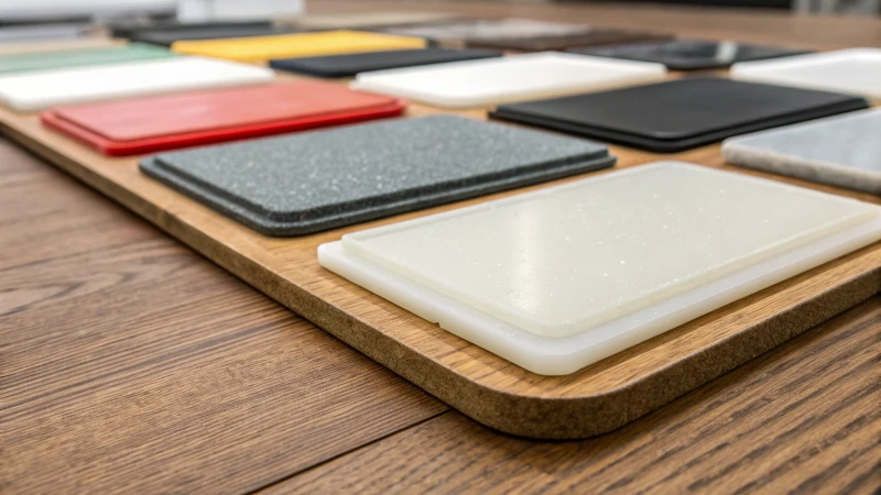 Close-up view of various plastic samples arranged on a wooden table