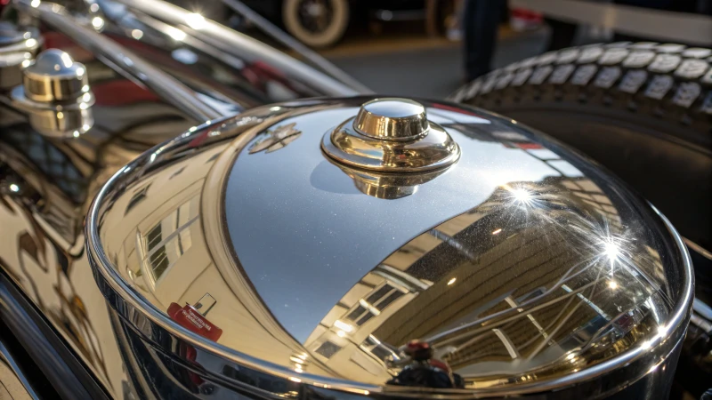 Close-up of a polished metal surface with reflections