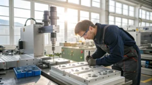 A skilled plastic mold maker working in a workshop with high-tech machinery