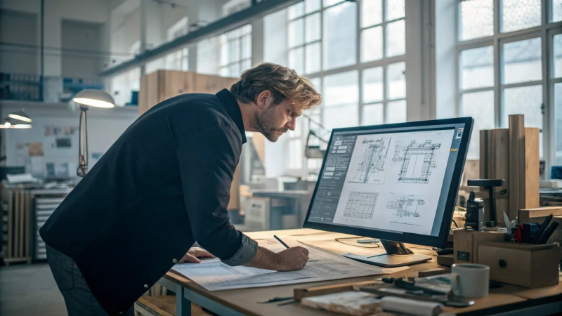A designer reviewing blueprints in a manufacturing workshop