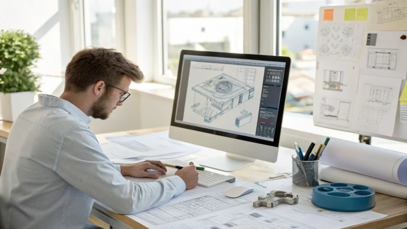 A designer working in a professional workspace with CAD software on the screen