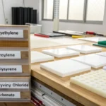 A professional workspace with labeled plastic material samples
