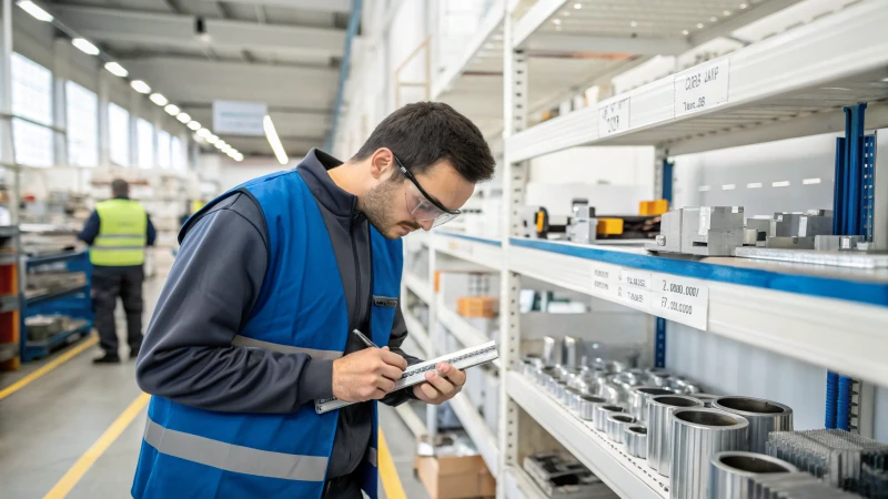 Quality control inspector measuring products with calipers in a manufacturing facility.