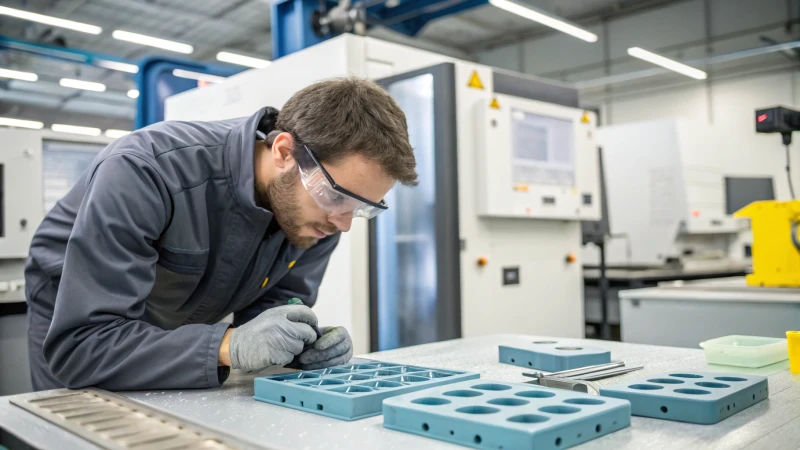 Quality control technician inspecting molded plastic parts in a facility