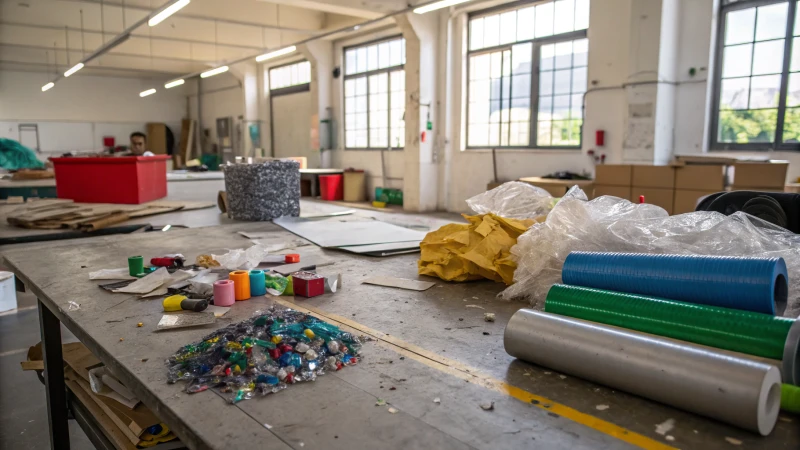 An industrial workspace with recycled materials.