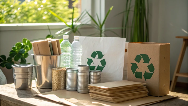 A display of recyclable materials including paper, plastic bottles, aluminum cans, and cardboard under natural light.