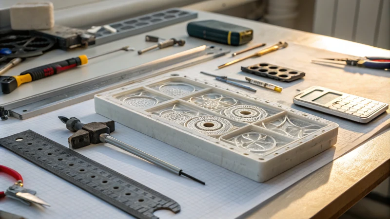 Photorealistic image of a resin mold on a workbench with precision tools.