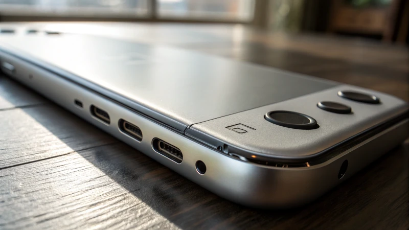 Close-up of a sleek electronic casing with smooth reflective surfaces