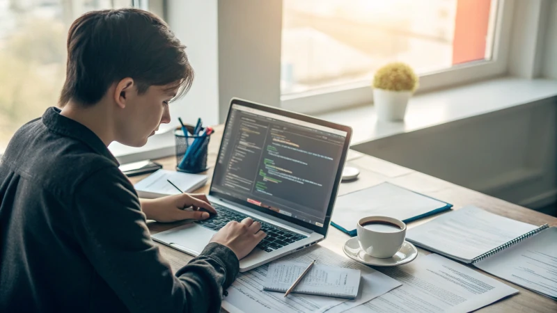 A software testing professional reviewing a report at a modern desk
