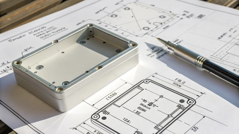 Technical drawing of an electronic casing with annotations
