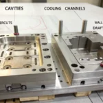 Close-up view of a technical injection mold design layout