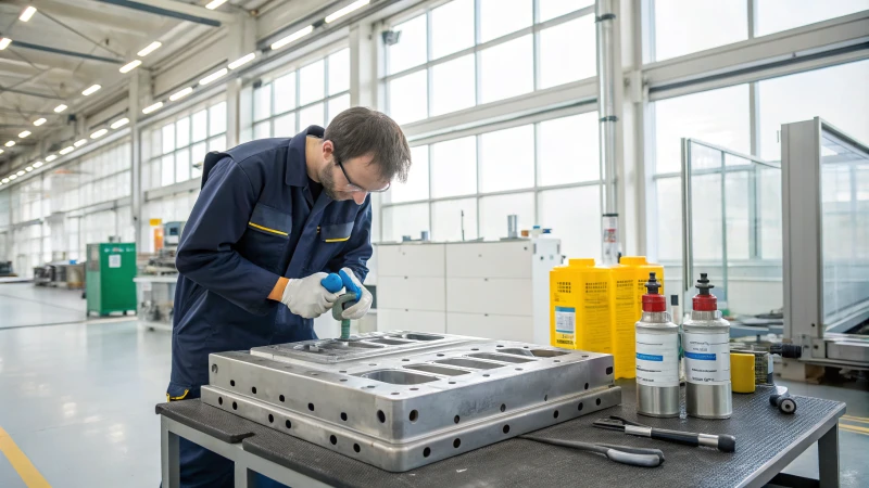 A technician applying lubricant to a metal mold in a bright manufacturing facility.