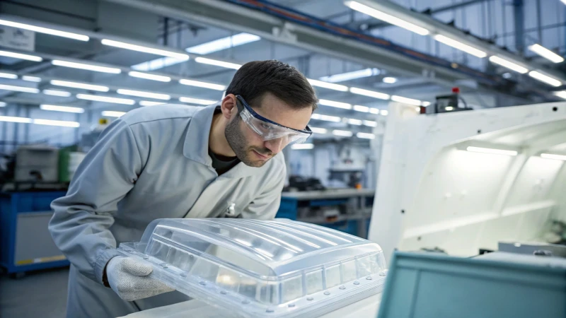 Technician inspecting a clear plastic product in a workshop