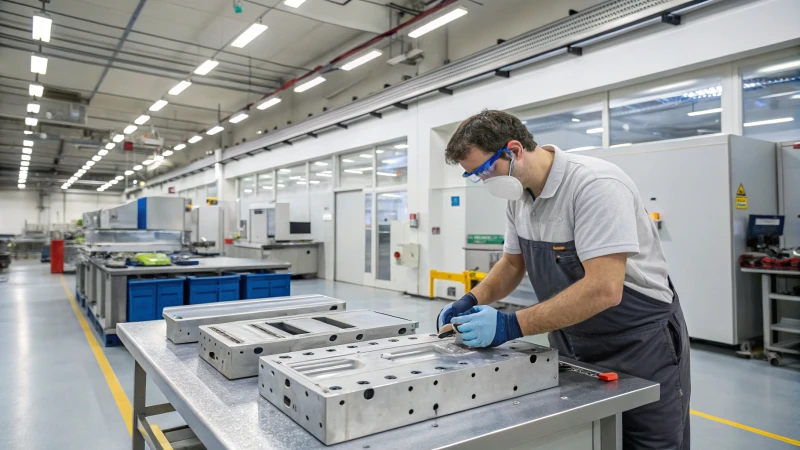 A technician performing maintenance on metal molds in a manufacturing facility.