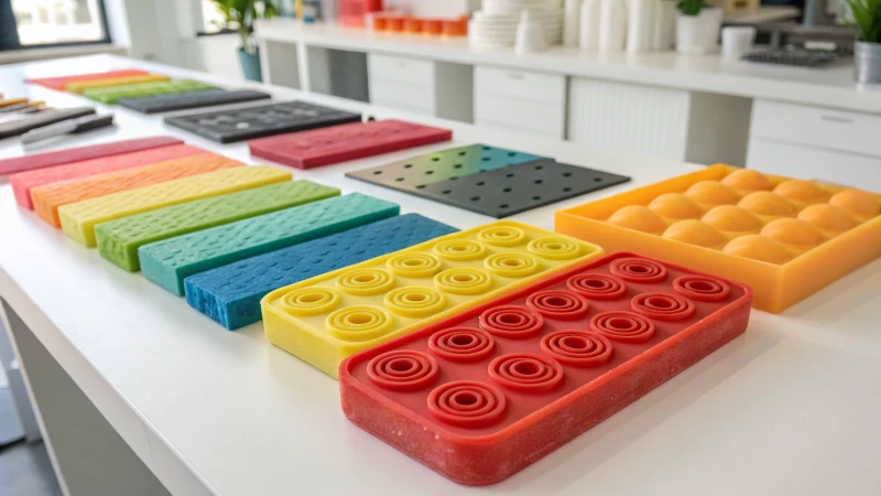 A variety of colorful thermoplastic elastomer samples on a white surface