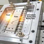 Technical illustration of a three-plate injection mold in cross-section
