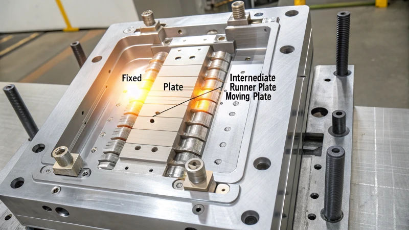 Technical illustration of a three-plate injection mold in cross-section