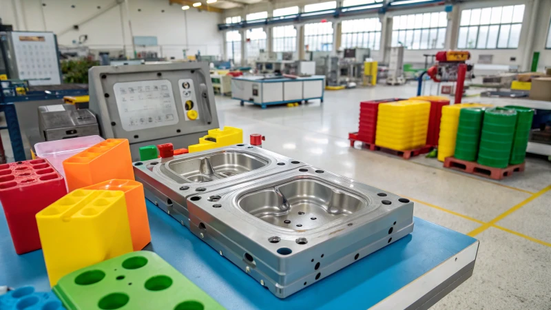 A shiny steel two-plate mold in an industrial workshop surrounded by plastic products.