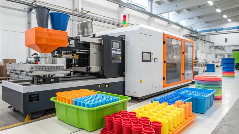 A manufacturing workspace with organized injection molding materials