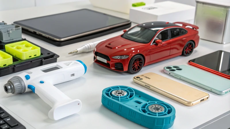 A collection of products made with two-shot molding techniques, including automotive parts and electronic devices.