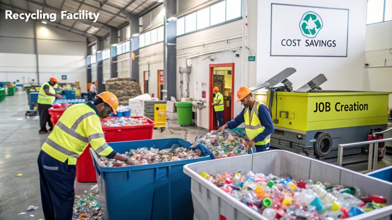 Workers sorting colorful recycled plastics in a busy facility