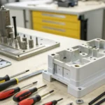 A workshop scene with an injection molded plastic part and various tools