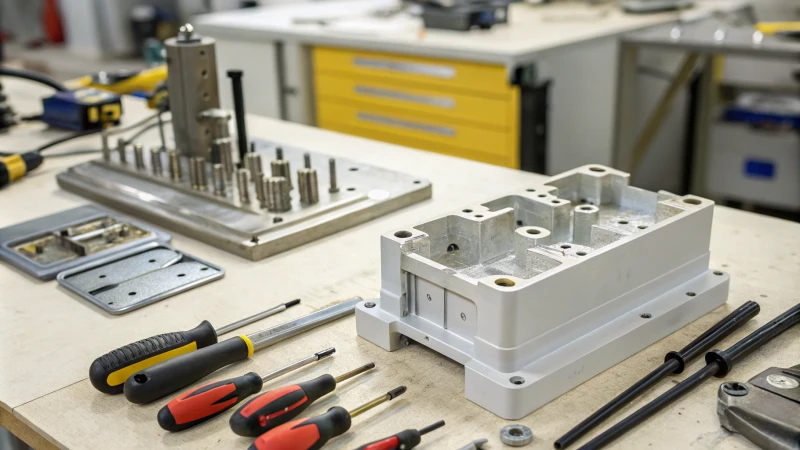 A workshop scene with an injection molded plastic part and various tools
