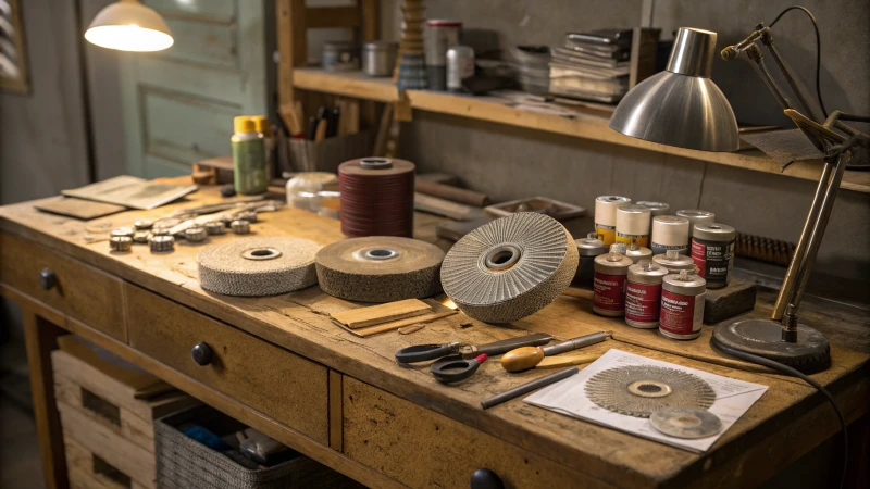 A well-lit workshop with polishing tools on a wooden bench.