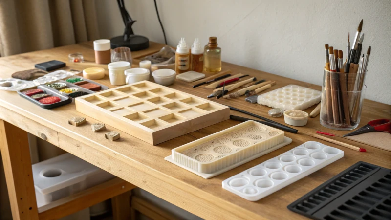 A well-organized workspace with resin molds on a wooden bench