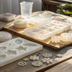 A well-lit workspace with various high-quality resin molds on a wooden bench